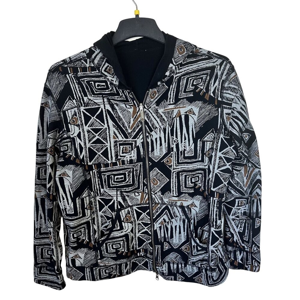 Womens Hooded Sweatshirt Zip Up Jacket Geometric Tribal Print Birds Reversible